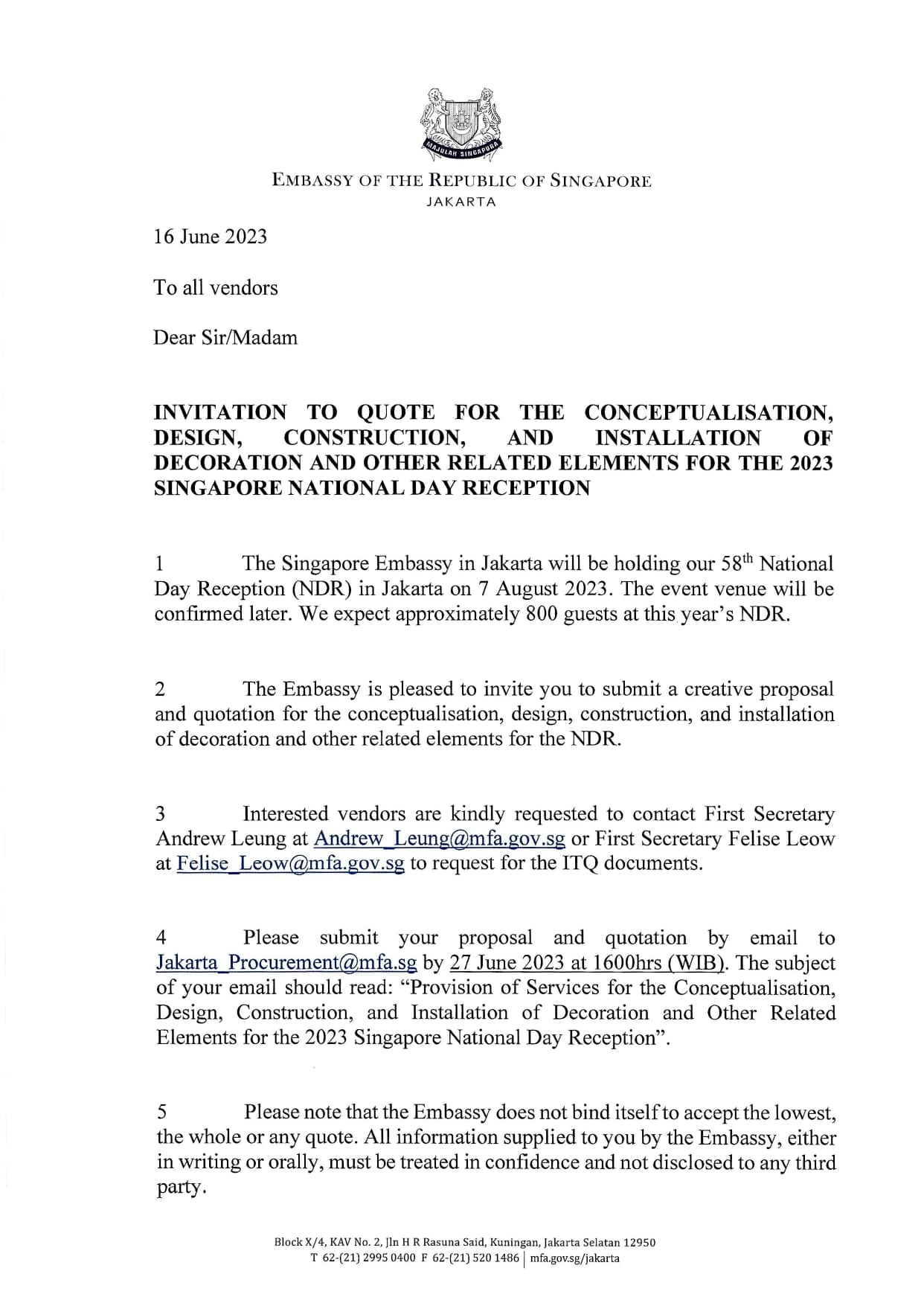 Singapore Embassy Jakarta's invitation to quote for National Day Reception decoration, with Singapore crest.